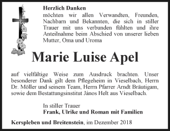 Traueranzeige von Marie Luise Apel von Thüringer Allgemeine, Thüringische Landeszeitung