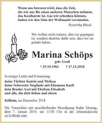 Traueranzeige von Marina Schöps von Thüringer Allgemeine