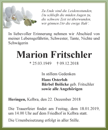 Traueranzeige von Marion Fritschler von Thüringer Allgemeine