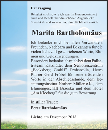 Traueranzeige von Marita Bartholomäus von Ostthüringer Zeitung