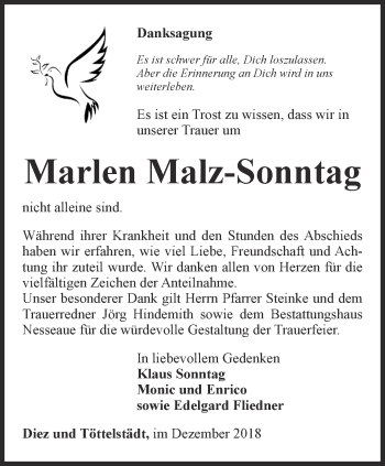 Traueranzeige von Marlen Malz-Sonntag von Thüringer Allgemeine, Thüringische Landeszeitung