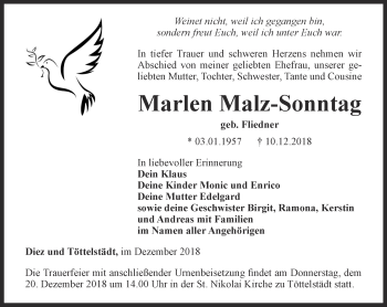 Traueranzeige von Marlen Malz-Sonntag von Thüringer Allgemeine, Thüringische Landeszeitung