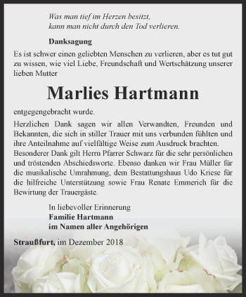 Traueranzeige von Marlies Hartmann von Thüringer Allgemeine