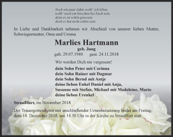 Traueranzeige von Marlies Hartmann von Thüringer Allgemeine