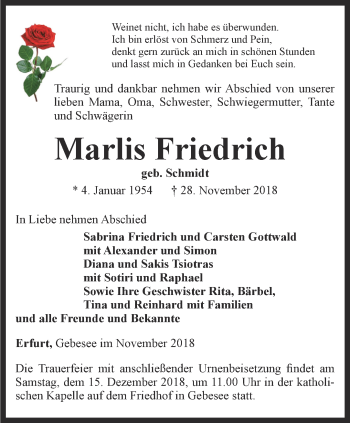 Traueranzeige von Marlis Friedrich von Thüringer Allgemeine, Thüringische Landeszeitung