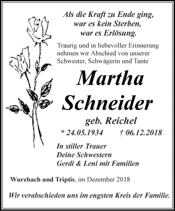 Traueranzeige von Martha Schneider von Ostthüringer Zeitung