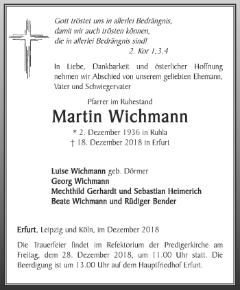 Traueranzeige von Martin Wichmann von Thüringer Allgemeine, Thüringische Landeszeitung