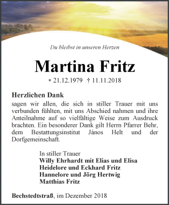 Traueranzeige von Martina Fritz von Thüringer Allgemeine, Thüringische Landeszeitung