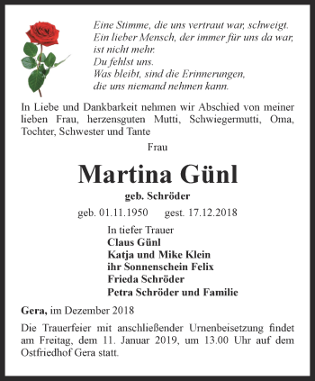 Traueranzeige von Martina Günl von Ostthüringer Zeitung