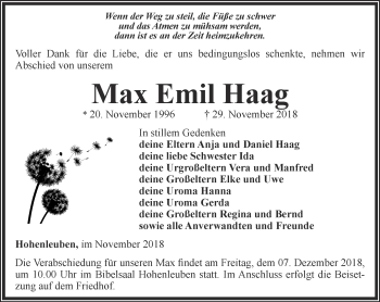 Traueranzeige von Max Emil Haag von Ostthüringer Zeitung