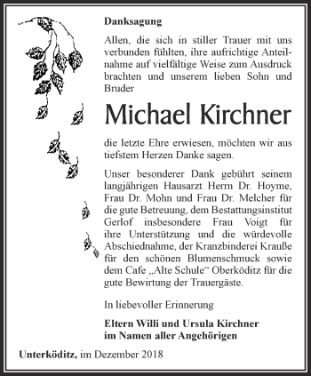 Traueranzeige von Michael Kirchner von Ostthüringer Zeitung