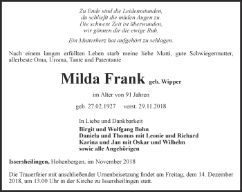 Traueranzeige von Milda Frank von Thüringer Allgemeine, Thüringische Landeszeitung