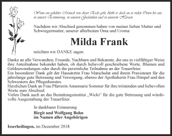 Traueranzeige von Milda Frank von Thüringer Allgemeine, Thüringische Landeszeitung