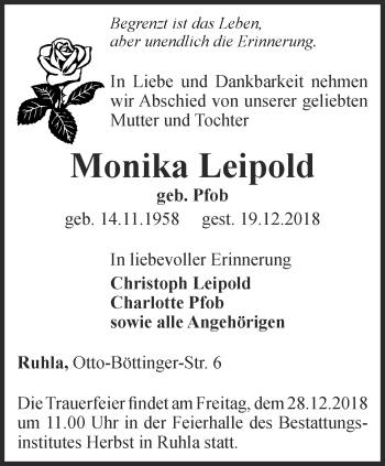 Traueranzeige von Monika Leipold von Thüringer Allgemeine, Thüringische Landeszeitung