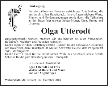 Traueranzeige von Olga Utterodt von Thüringer Allgemeine, Thüringische Landeszeitung