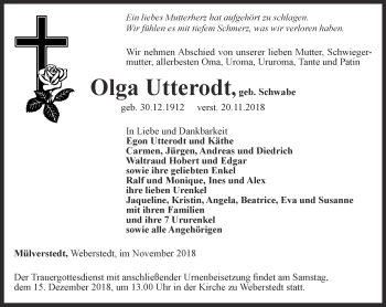 Traueranzeige von Olga Utterodt von Thüringer Allgemeine, Thüringische Landeszeitung