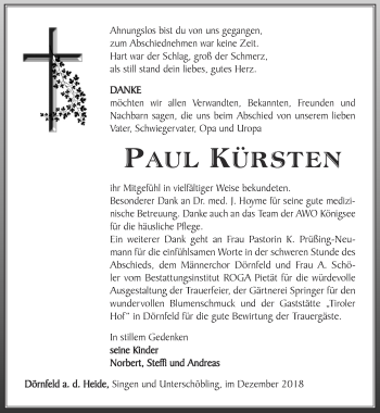 Traueranzeige von Paul Kürsten von Ostthüringer Zeitung