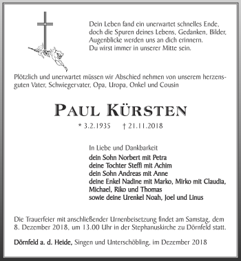 Traueranzeige von Paul Kürsten von Ostthüringer Zeitung