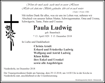 Traueranzeige von Paula Ludwig von Thüringer Allgemeine, Thüringische Landeszeitung