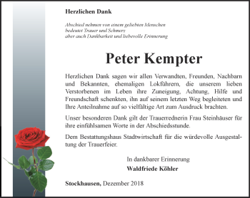 Traueranzeige von Peter Kempter von Thüringer Allgemeine, Thüringische Landeszeitung