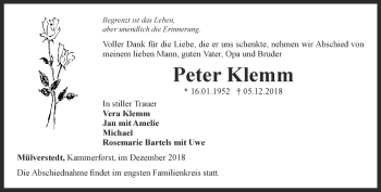 Traueranzeige von Peter Klemm von Thüringer Allgemeine, Thüringische Landeszeitung