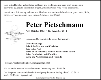 Traueranzeige von Peter Pietschmann von Thüringer Allgemeine, Thüringische Landeszeitung