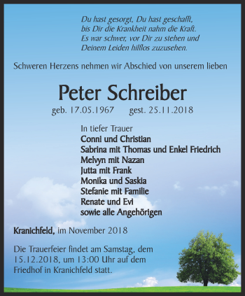 Traueranzeige von Peter Schreiber von Thüringer Allgemeine, Thüringische Landeszeitung