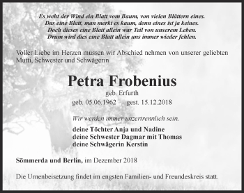 Traueranzeige von Petra Frobenius von Thüringer Allgemeine