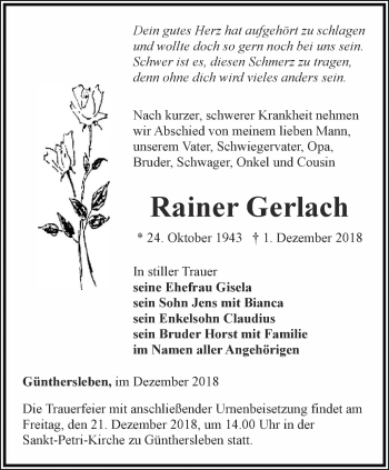 Traueranzeige von Rainer Gerlach von Ostthüringer Zeitung, Thüringische Landeszeitung