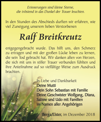 Traueranzeige von Ralf Breitkreutz von Ostthüringer Zeitung