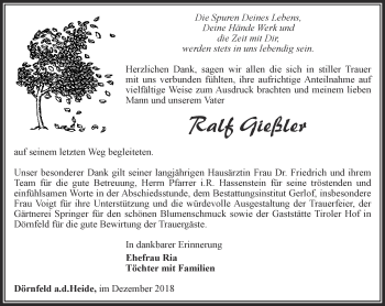 Traueranzeige von Ralf Gießler von Ostthüringer Zeitung