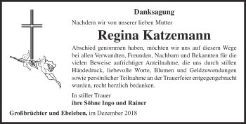 Traueranzeige von Regina Katzemann von Thüringer Allgemeine