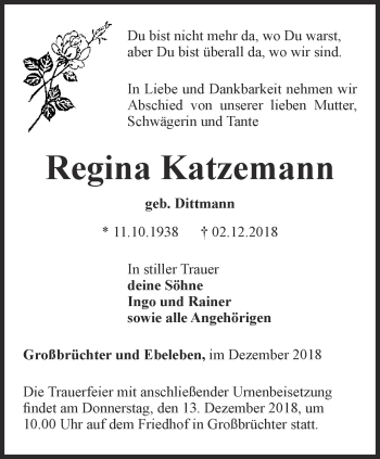 Traueranzeige von Regina Katzemann von Thüringer Allgemeine