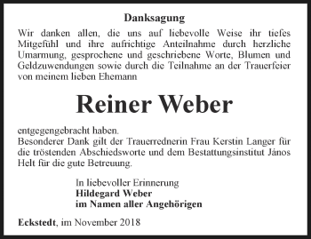 Traueranzeige von Reiner Weber von Thüringer Allgemeine