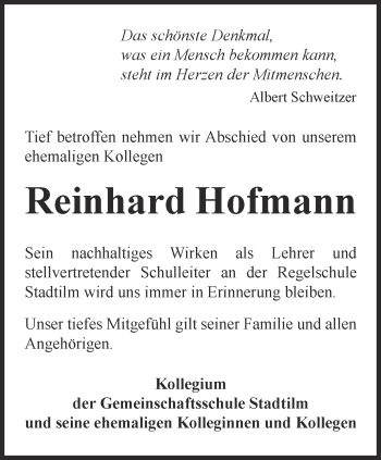 Traueranzeige von Reinhard Hofmann von Thüringer Allgemeine
