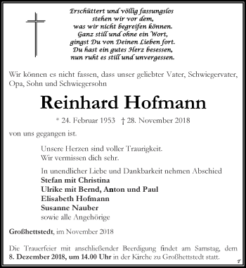 Traueranzeige von Reinhard Hofmann von Thüringer Allgemeine