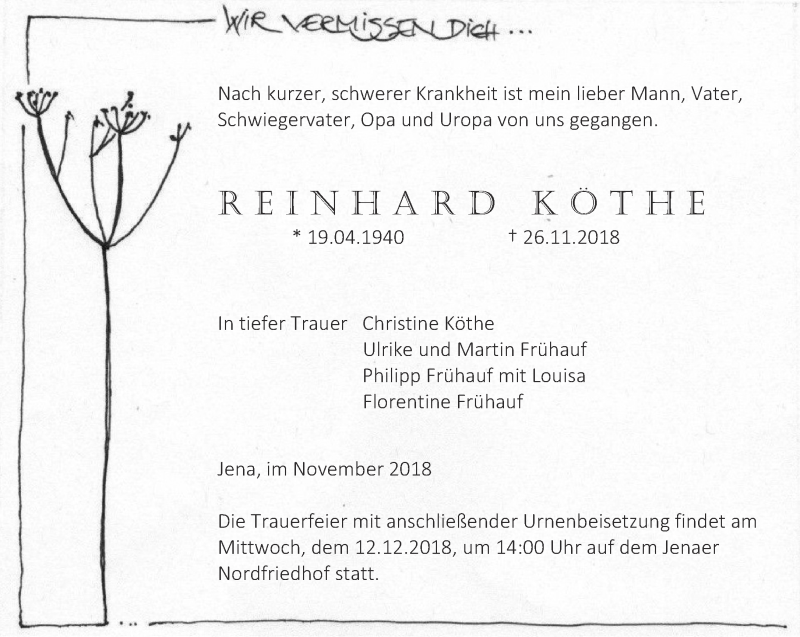  Traueranzeige für Reinhard Köthe vom 01.12.2018 aus Ostthüringer Zeitung, Thüringische Landeszeitung