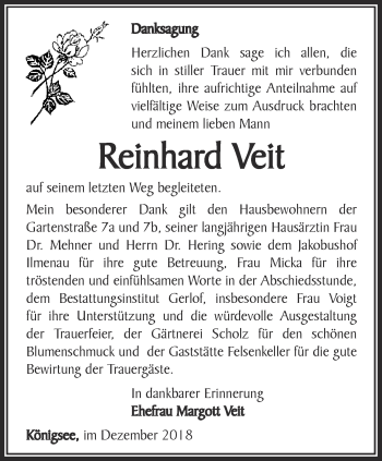 Traueranzeige von Reinhard Veit von Ostthüringer Zeitung