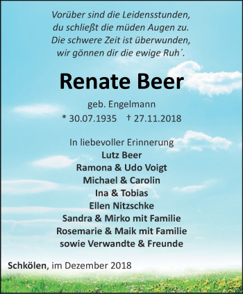 Traueranzeige von Renate Beer von Ostthüringer Zeitung