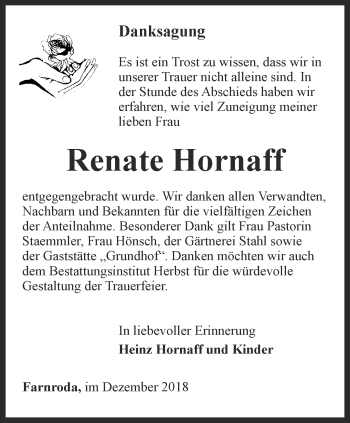 Traueranzeige von Renate Hornaff von Thüringer Allgemeine, Thüringische Landeszeitung