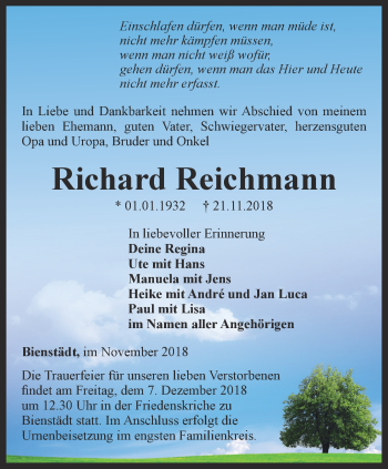 Traueranzeige von Richard Reichmann von Thüringer Allgemeine, Thüringische Landeszeitung