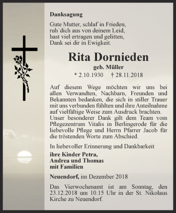 Traueranzeige von Rita Dornieden von Thüringer Allgemeine