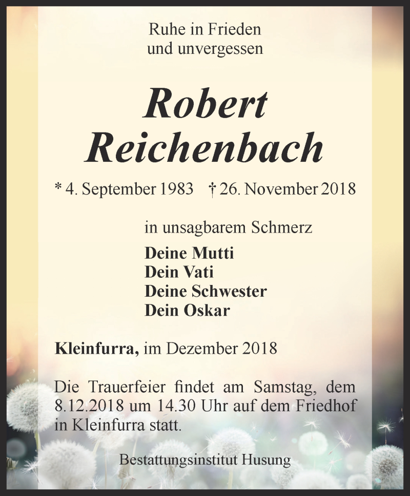  Traueranzeige für Robert Reichenbach vom 06.12.2018 aus Thüringer Allgemeine