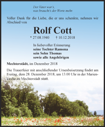 Traueranzeige von Rolf Cott von Ostthüringer Zeitung, Thüringische Landeszeitung