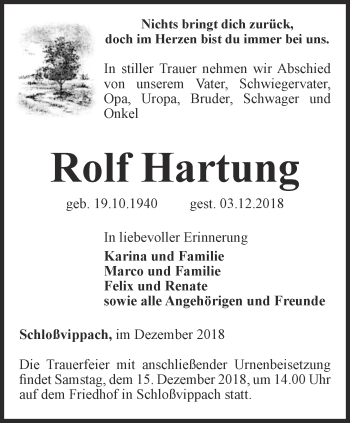 Traueranzeige von Rolf Hartung von Thüringer Allgemeine