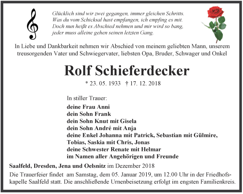  Traueranzeige für Rolf Schieferdecker vom 28.12.2018 aus Ostthüringer Zeitung