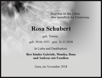 Traueranzeige von Rosa Schubert  von Ostthüringer Zeitung