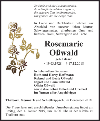 Traueranzeige von Rosemarie Oßwald von Thüringer Allgemeine, Thüringische Landeszeitung