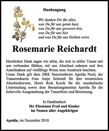 Traueranzeige von Rosemarie Reichardt von Thüringer Allgemeine, Thüringische Landeszeitung