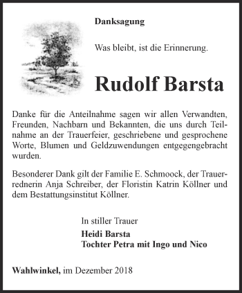 Traueranzeige von Rudolf Barsta von Ostthüringer Zeitung, Thüringische Landeszeitung